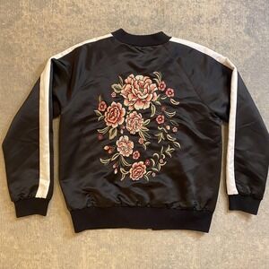 Forever 21 Jacket Womens Large Black Satin Bomber Back Floral Embroidered Zip